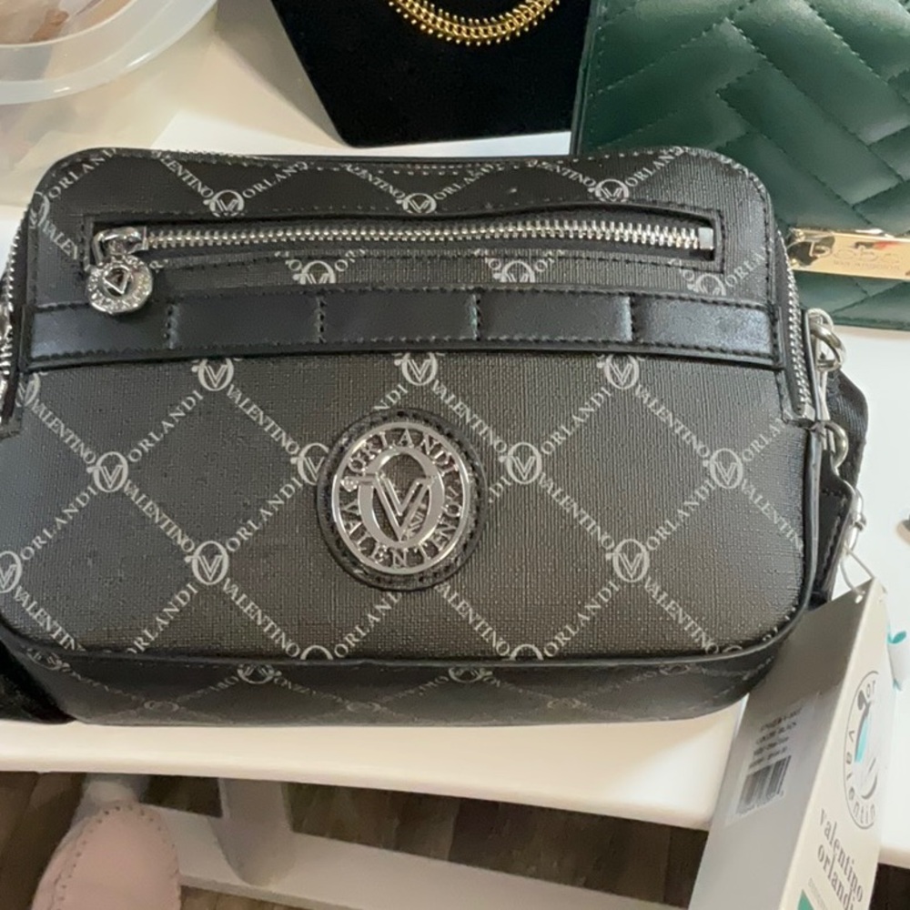 NWT Valentino Orlandi Camera Bag Black & Grey with Guitar Strap.
